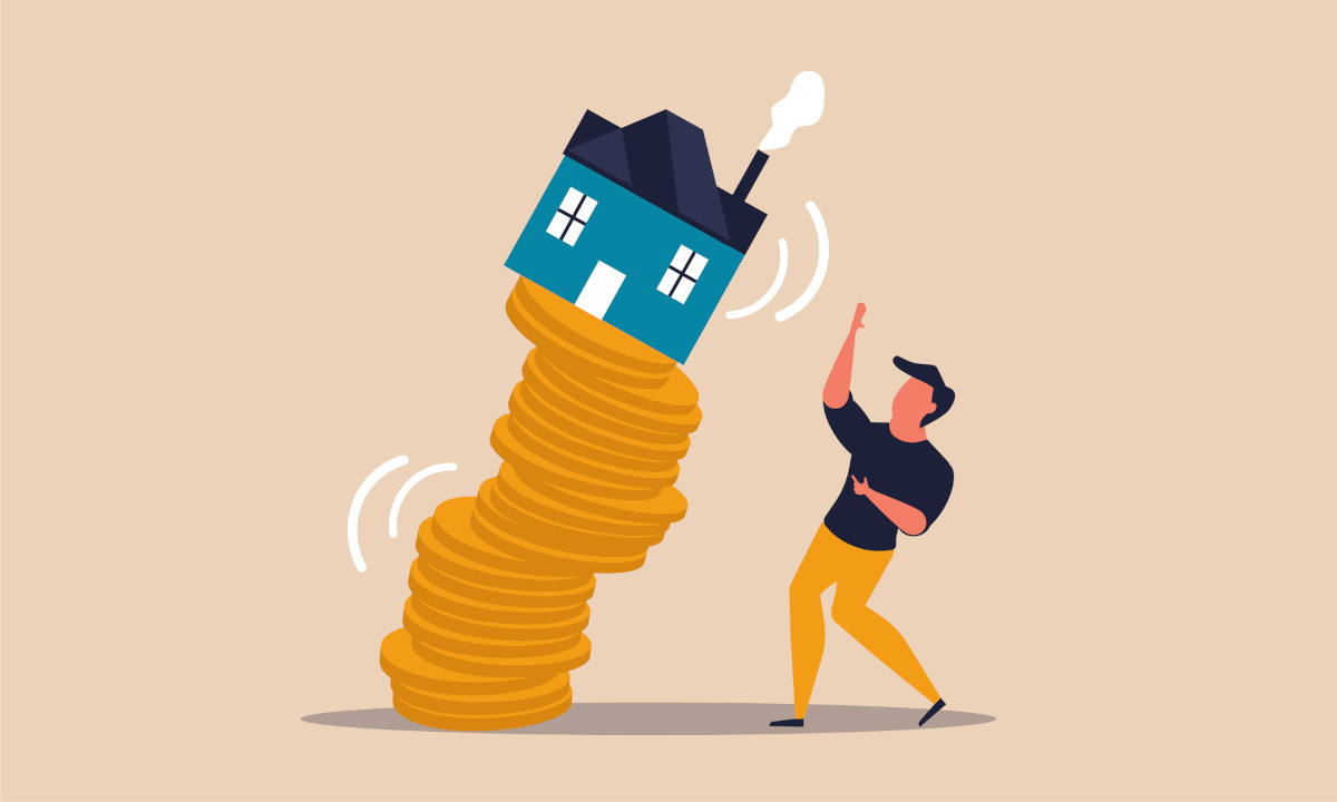 housing crisis illustration with a person looking up at a stack of coins with a house on top